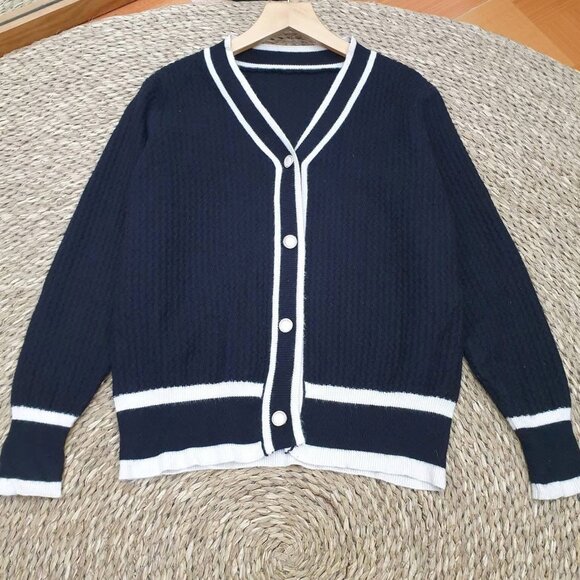 Boutique Sweaters - Navy Blue Cable Knit Cardigan White Stripe Trim